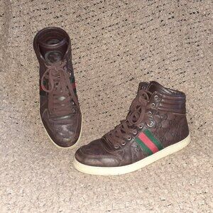 GUCCI-GG High Top 'Guccisima'-Brown Leather Hi-Top Sneakers-Sz 8.5-Excellent